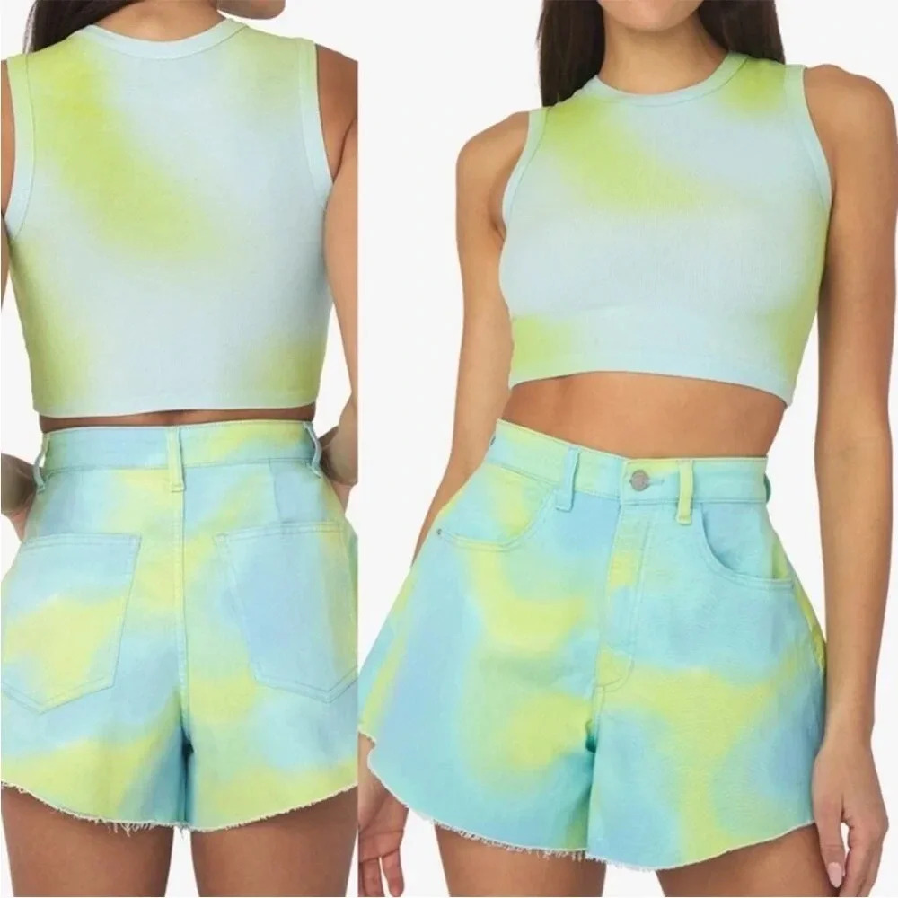WeWoreWhat tye dye high waisted flare bell shorts